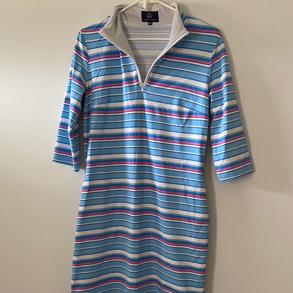 Striped Quarter-Zip Midi Dress in Light Blue by Sail to Sable